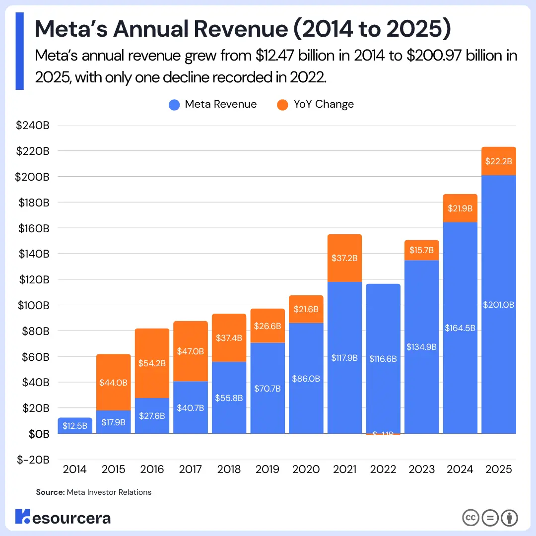 Bar chart showing Meta Annul revenue from 20214 to 2025