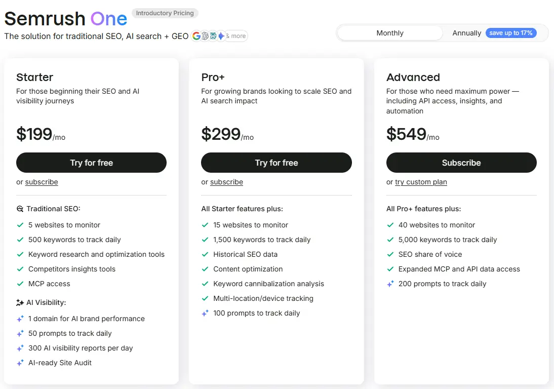 Semrush One Pricing Plan